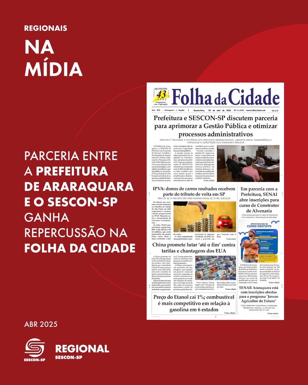 Parceria entre a Prefeitura de Araraquara e o Sescon-SP ganha repercussão na <b>Folha da Cidade</b>