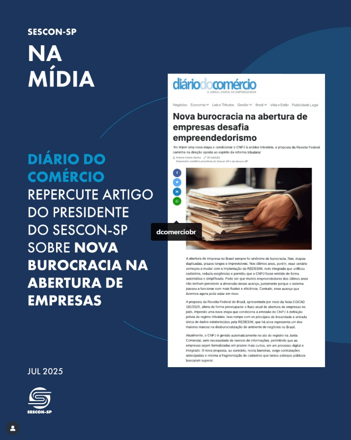 <b>Diário do Comercio</b> Repercute Artigo do Presidente do Sescon-SP Sobre Nova Burocracia na Abertura de Empresas