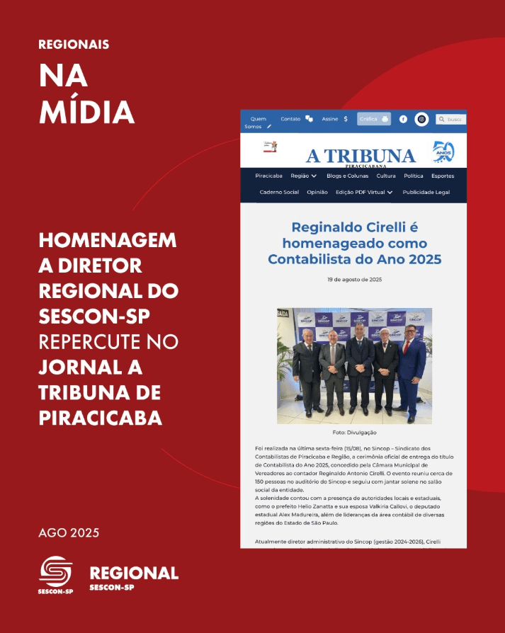 Homenagem a Diretor Regional do Sescon-SP Repercute no <b>Jornal a Tribuna de Piracicaba</b>